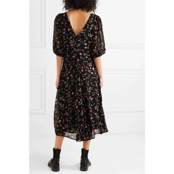 GANNI Elm Georgette Midi Dress Black/Pink Floral Size 2 - Picture 3 of 14